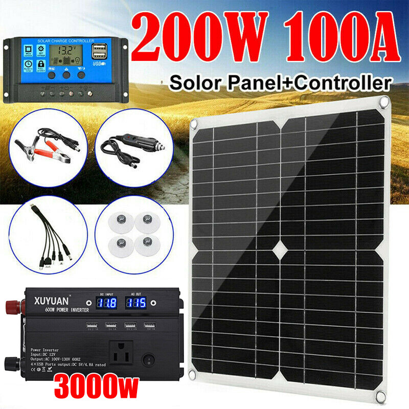 200W Solar Panel Kit 3000W Power Inverter Set 100A Battery Charger Controller RC