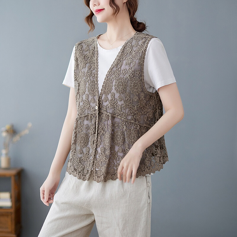 Damen Gestrickt Weste Warnweste Tank Top Strickjacke Blumenmuster Häkel Ethnisch