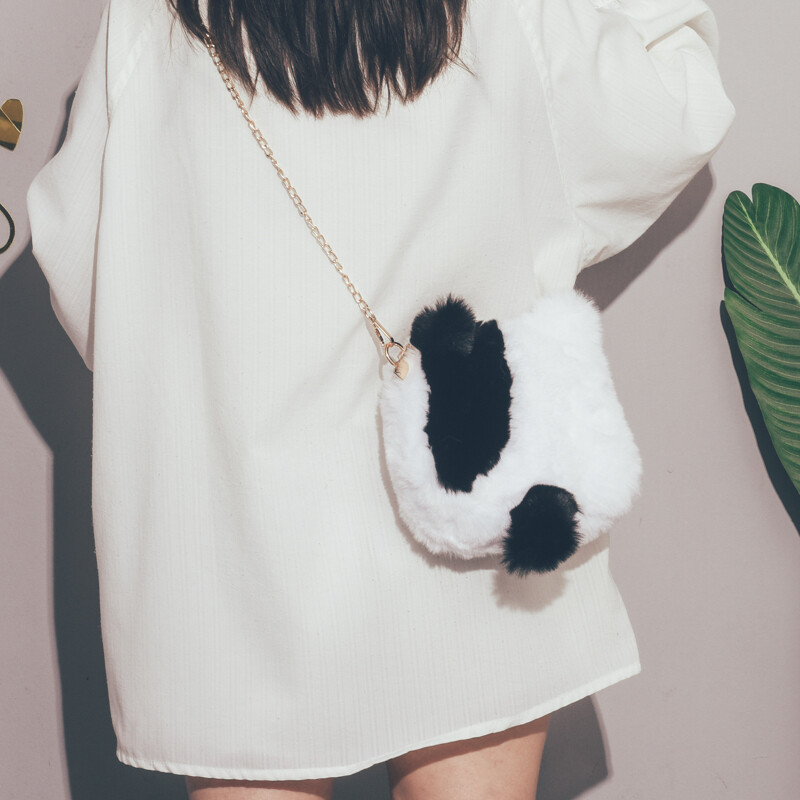 Lady Faux Fur Shoulder Crossbody Bag Zipper Chain Strap Fluffy Small Kawaii Grey