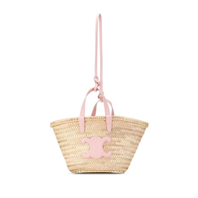 Celine Triomphe Classic Palm Leaf Handbag Shoulder Bag 2Way Beige Pink Raffia Le