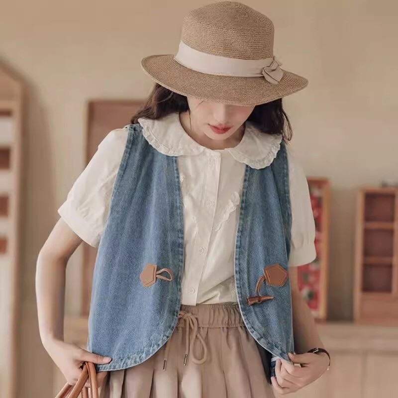 Lady Denim Waistcoat Vest Gilet Sleeveless Top Jacket Crop Cardigan Japanese New