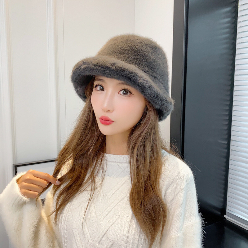 Fashion Lady Faux Fur Bucket Hat Fishing Cap Casual Outdoor Thermal Winter Furry