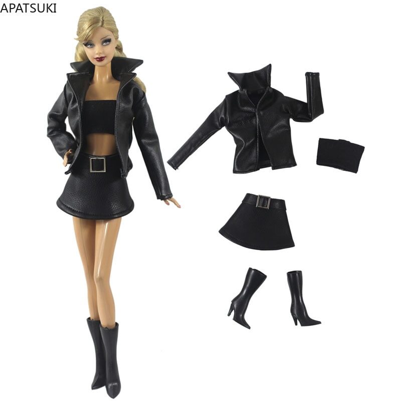 Black Leather Clothes Set For 11.5" Doll Outfits Fashion Jacket Skirt Top Boots