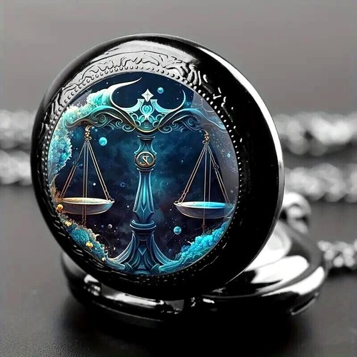 Creative Constellation Libra Black Quartz Pocket Watch Necklace Pendant Men Gift