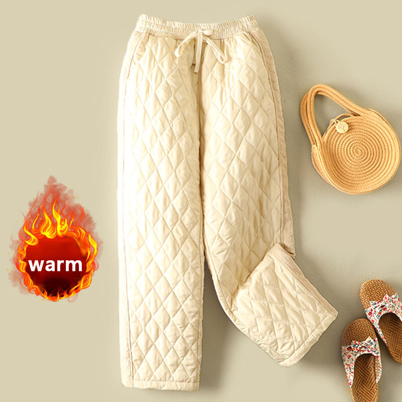 Women Corduroy Splice Trousers Wide Leg Padded Quilted Drawstring Waist Pants