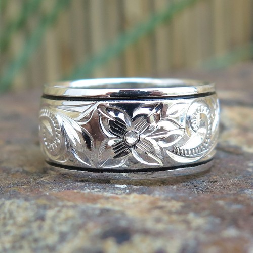 Hawaiian 925K Silver Scroll Black Border Jewelry Wedding Ring Band