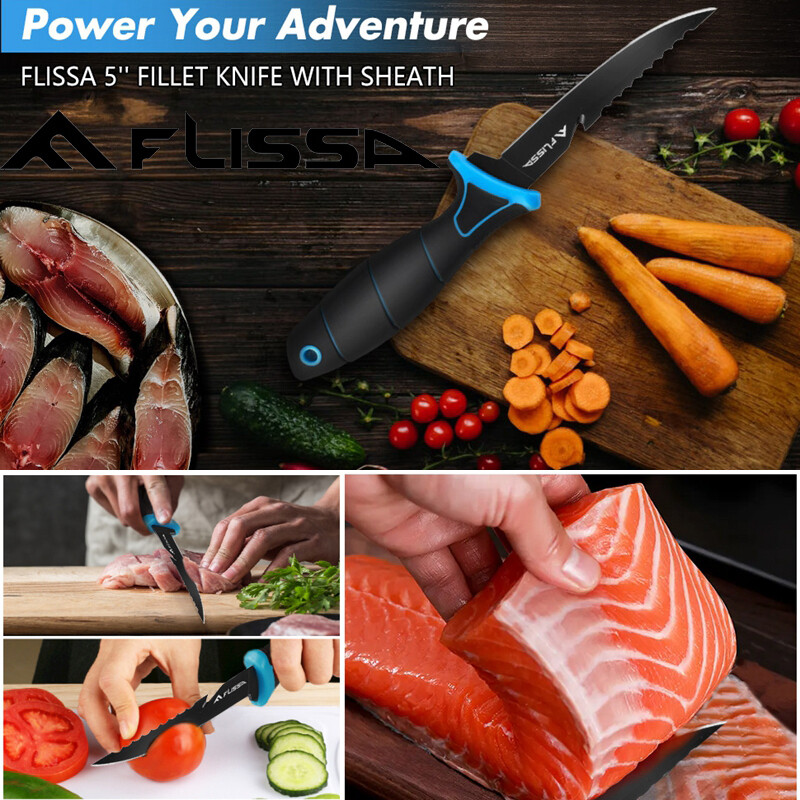 FLISSA 5" Fillet Knife Bait Knife Non-Slip Handle Lanyard Hole Belt Clip Sheath