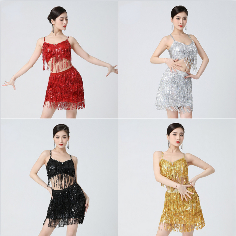Donna Latino Costume Danza Top Abiti per la Salsa Rumba Nappa Club Oro