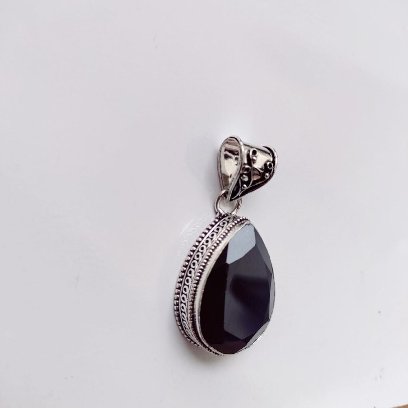 Black Onyx Gemstone 925 Sterling Silver Ethnic Handmade Jewelry Pendant 1.90"