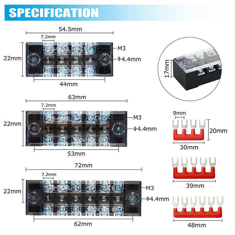 600V15A/25A Dual Row 3-12 Positions Screw Terminal Block Terminal Barrier Strip