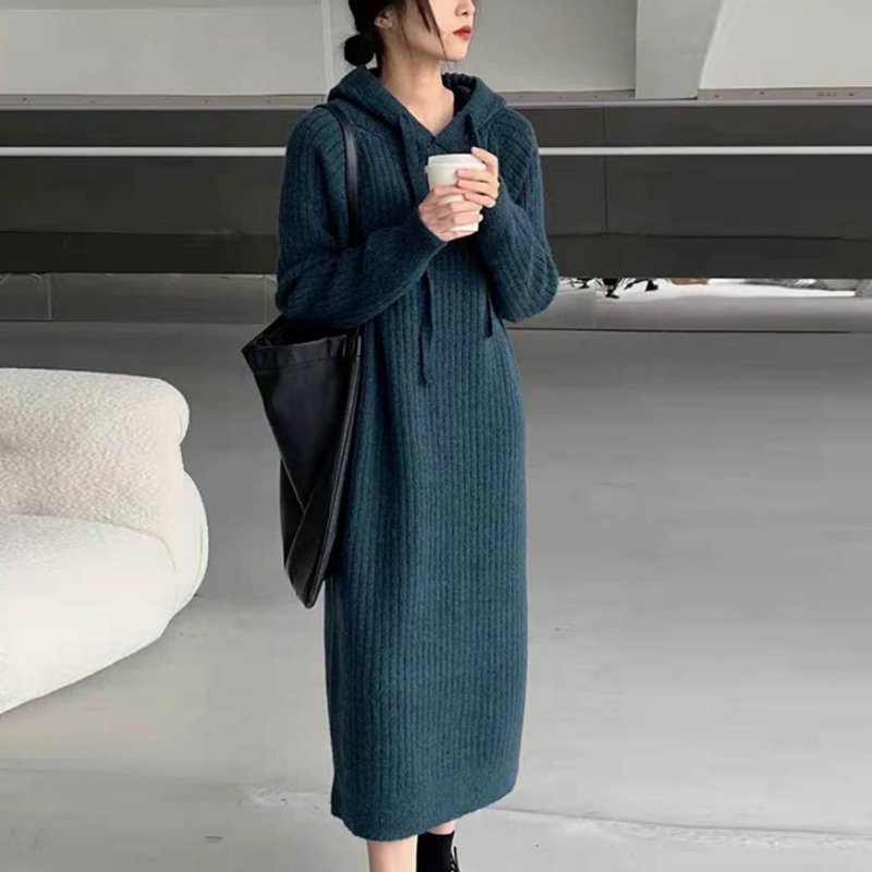 Donna Maglia Maglione Abito con Cappuccio Lungo Pullover Sciolto Casual Retro