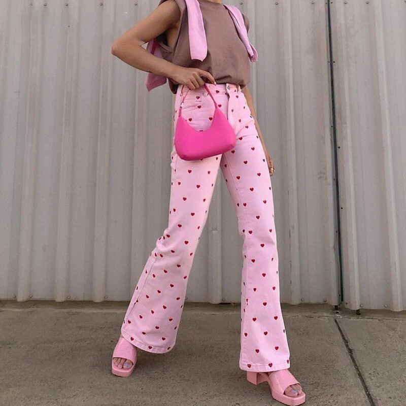 Pink Heart High Waist Flare Pants Hippie Summer Love