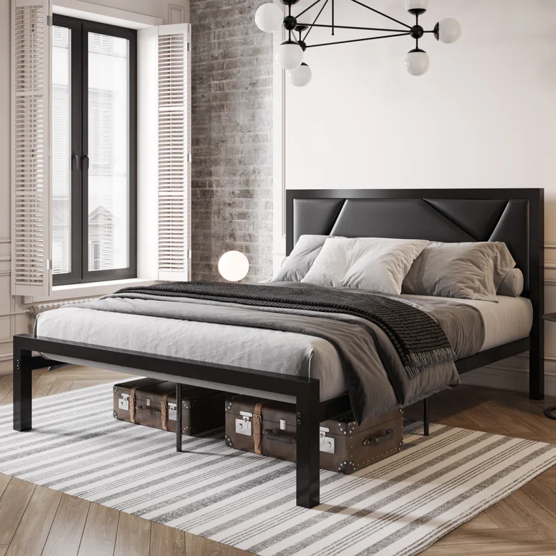 Queen Size Bed Frame with Leather Headboard, Heavy Duty Metal Platform Bed