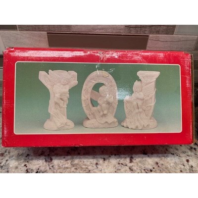 JOY Candle Holder Set of 3 Christmas Taper Ceramic Cherubs 5'' NIB Holidays