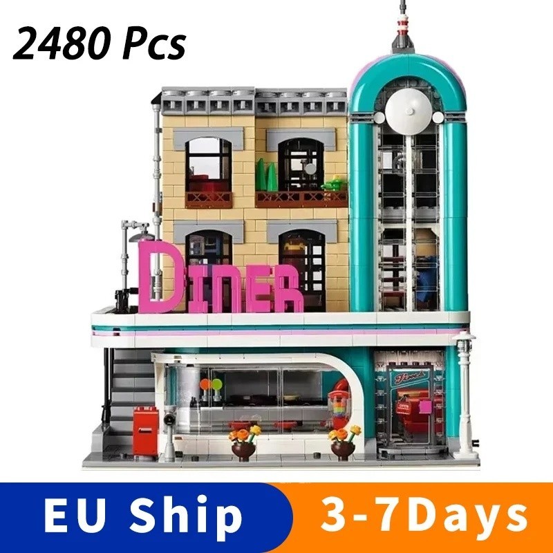 MOC American Diner Restaurant 2480 Teile + 6 Figuren + Auto Klemmbausteine