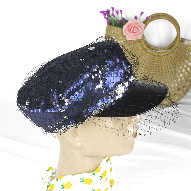 Women Stage Sequins Fiddler Cap Hat with Veil Military Style Army Captain hat