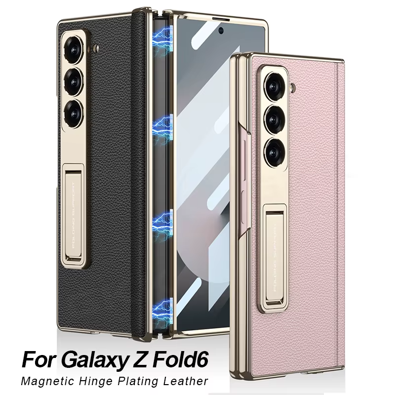 Luxury Plating Hinge Leather Case For Samsung Galaxy Z Fold 6 Magnetic Hinge Bra