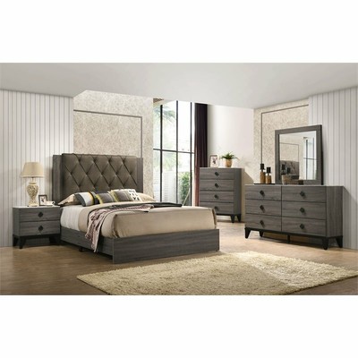 Bowery Hill Transitional Queen Bed in Fabric & Rustic Gray Oak
