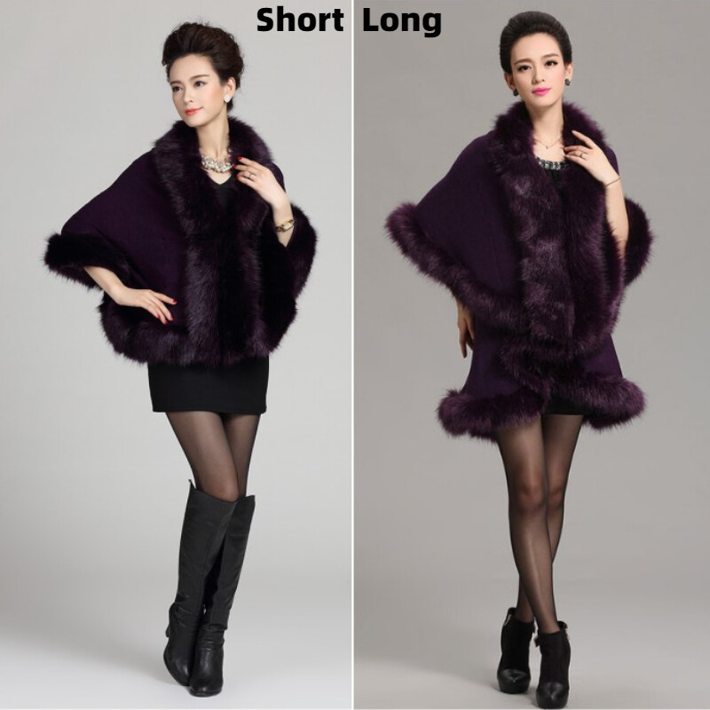 Damen Plüsch Kunstpelz Kragen Gestrickt Mantel Umhang Strickjacke Schal Poncho
