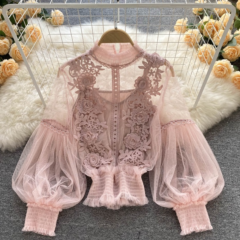 Damen Spitze Netz Blumen Bluse Quaste Langärmlige Schier Retro Elegant Party