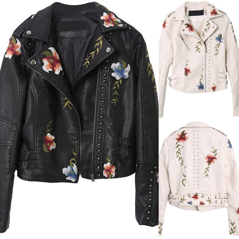 Women Embroidery Floral PU Leather Short Coat Jacket Rivet Zipper Rock Punk