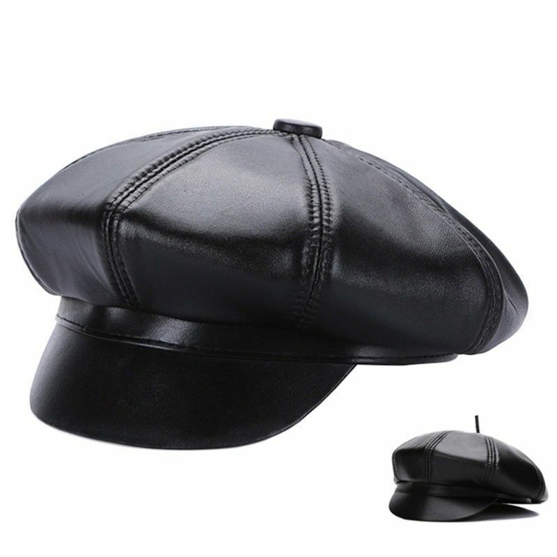 Men Women Sheepskin Leather Beret Cap Hat Gatsby Newsboy Cabbie Baker Black New