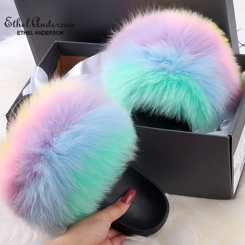 Real Farm Fox Fur Slides Furry Flat best sale Female Cute Fluffy House Shoes New