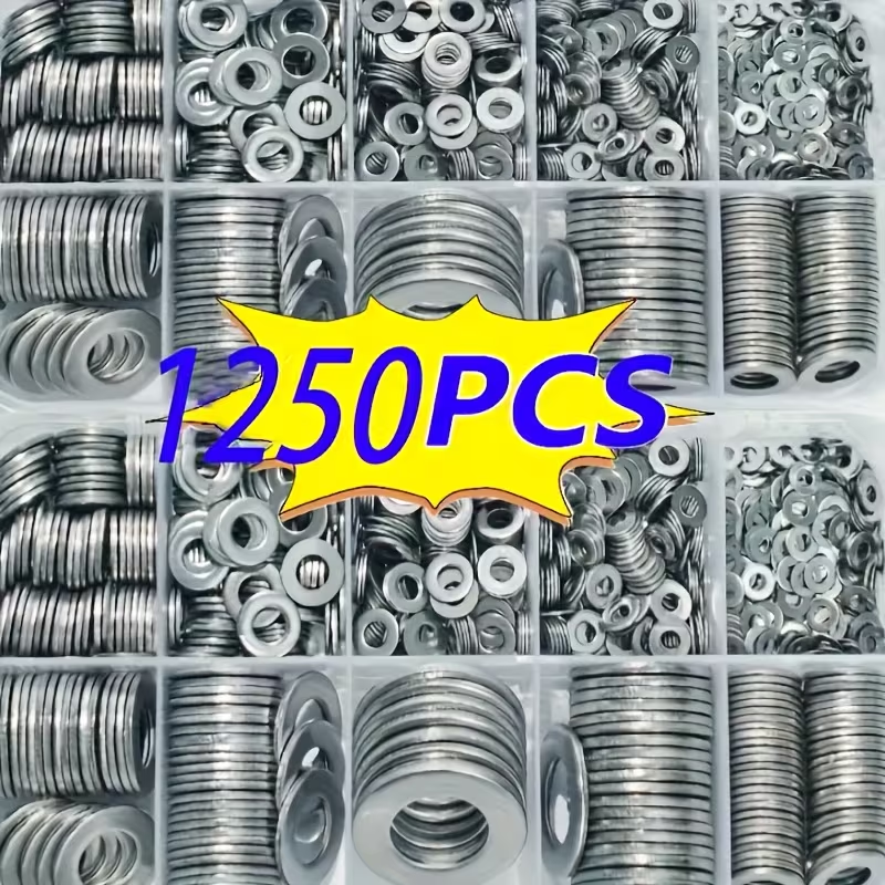 1250 pcs 304 Stainless Steel Flat Washers Assortment Kit (M2–M12)