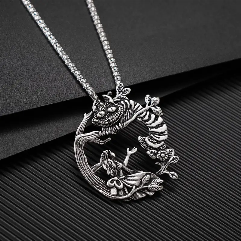Alice In Wonderland Cheshire Cat Jewelry Vintage Silver Pendant Necklace
