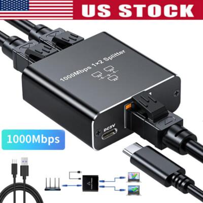 RJ45 Gigabit Ethernet Splitter 1000Mbps LAN Network Internet 1 to 2 Out Adapter