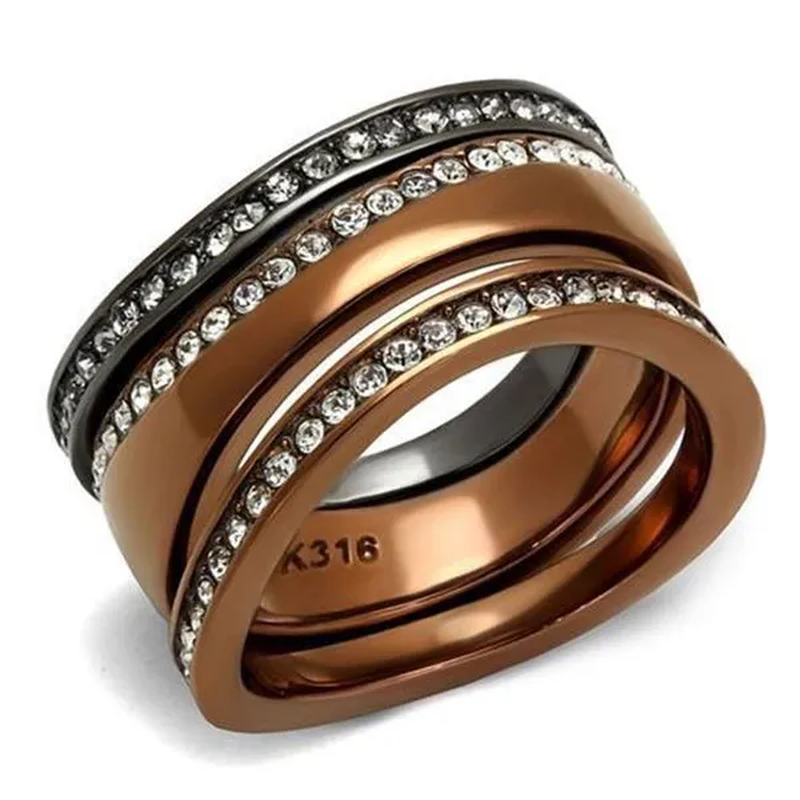 Women IP Light Black & IP Light Coffee Stainless Steel Ring with Top Grade Crystal in Black Diamond - Size 6