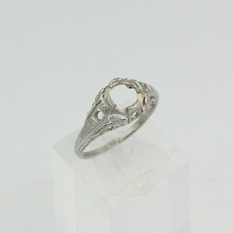 Vintage 18K White Gold Floral Design 4.5mm Round Empty Mounting Ring - Size 5.5