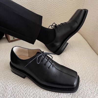 靴 Diesel square toe design leather shoes Lxg, Top-Level Full Grain Leather Square Toe Design Black