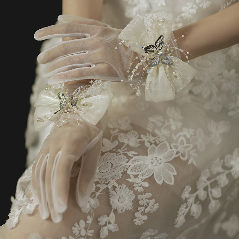 1 Paire Robe Mariée Court Gants Nœud Doigt Complet Transparent Fête Mitaines