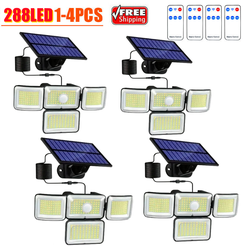 Solar Panel Light 4 Head 90000LM Motion Sensor Lights Outdoor Indoor Flood Light