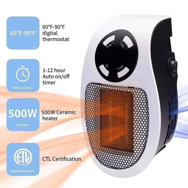 Portable Electric Space Heater Plug in Wall Digital Timer Personal Heater Fan