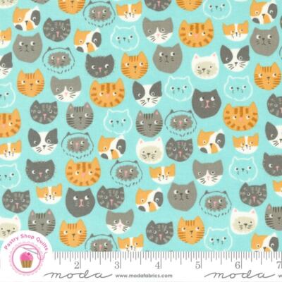 Moda HERE KITTY KITTY 20830 18 Aqua cats STACY IEST HSU Quilt Fabric