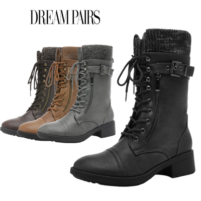 DREAM PAIRS Womens Winter Combat Boots Lace Up Mid Calf Warm Fur Lined Boots