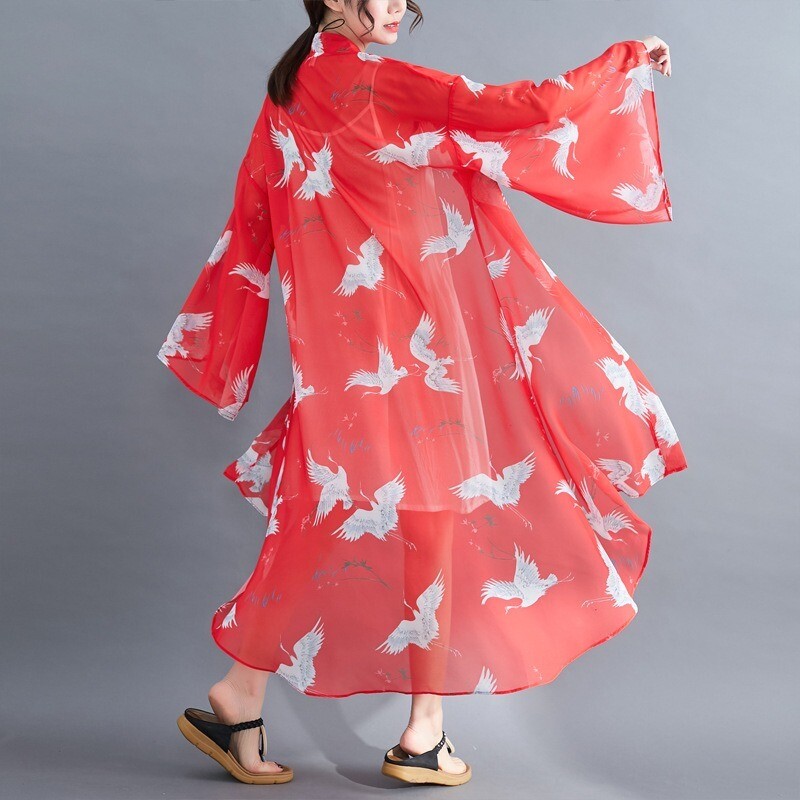Women Kimono Coat Chiffon Cardigan Yukata Crane Print Beachwear Long Outwear