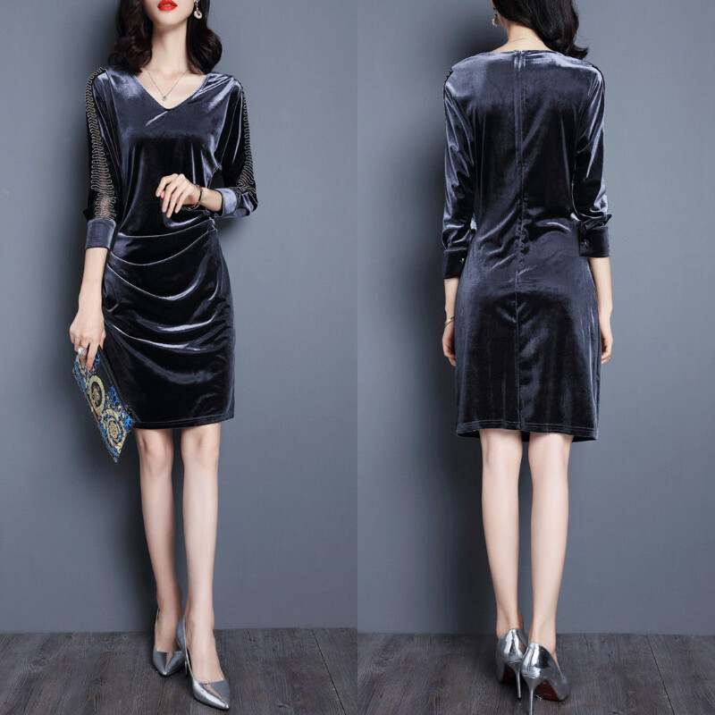 Women Velvet Midi Dress V-neck Stretchy Patchwork Cocktail Party Evening