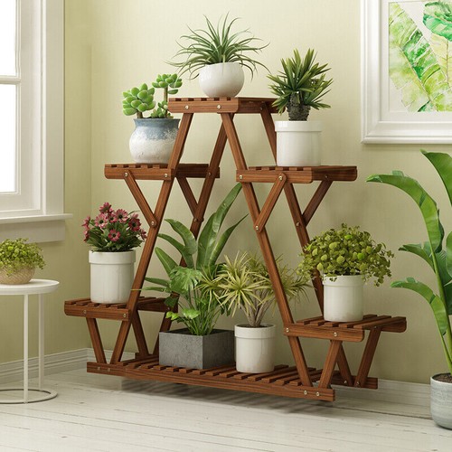 6 Tier Wooden Plant Stand Shelves Rack Flower Pot Display Garden Outdoor Indoor
