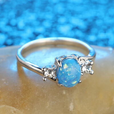 Silver Charm Blue Simulated Opal Zircon Wedding Jewelry Valentine's Day Size 5