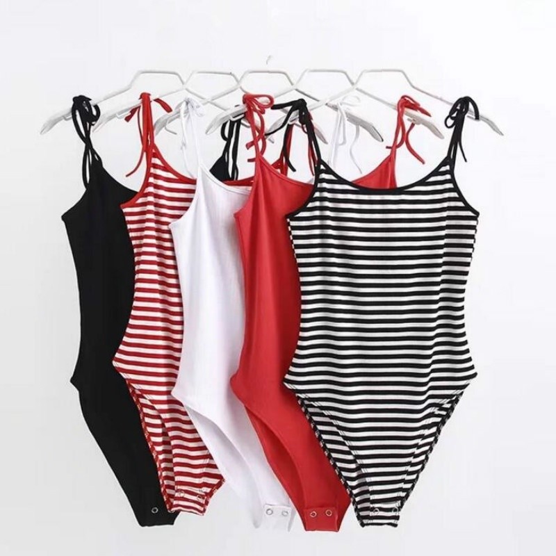 Women Bodysuit Striped Leotard Stretch Slim Catsuit Tank Top Camisole Textured