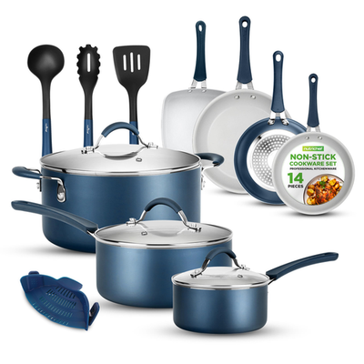 Nutrichef 14-Piece Navy Blue Nonstick Cookware Set - Durable Pots And Pans Set