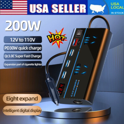 200W Car Power Inverter DC 12V to 110V AC Car Adapter Plug Outlet Fast Charger