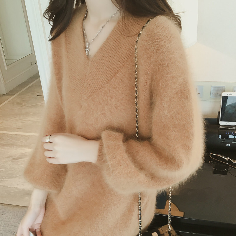 Robe Pull Longue En Fausse Fourrure Mohair Moelleux Manches Bouffantes