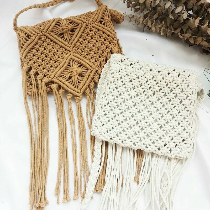 Lady Crochet Crossbody Bag Handbag Boho Ethnic Fringe Tassel Retro Cute Summer