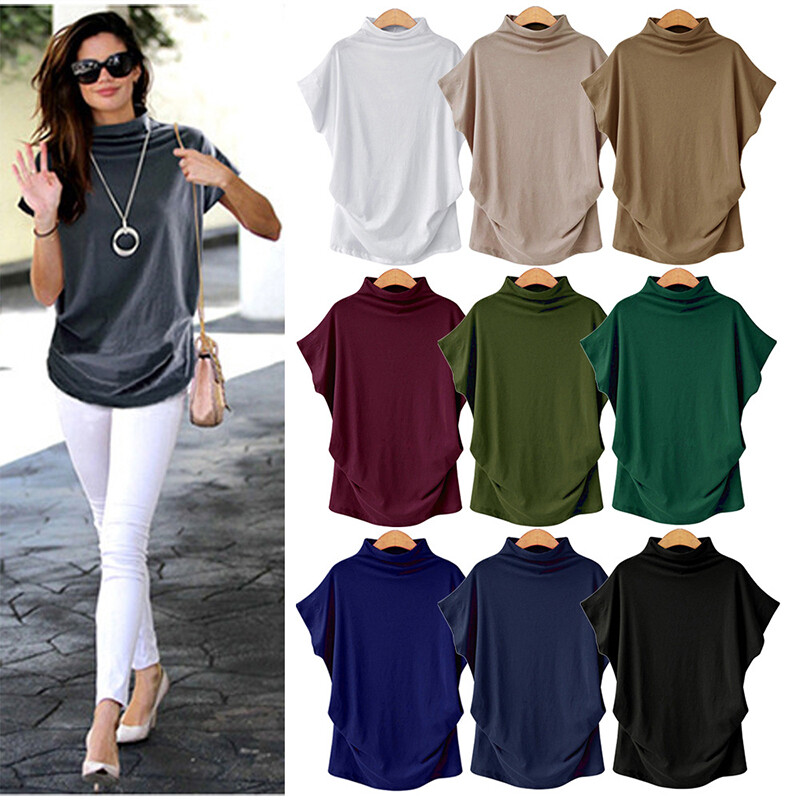 Ladies Sweatshirt Blouse Womens High Neck Loose Tops Mock Neck Batwing T-Shirt