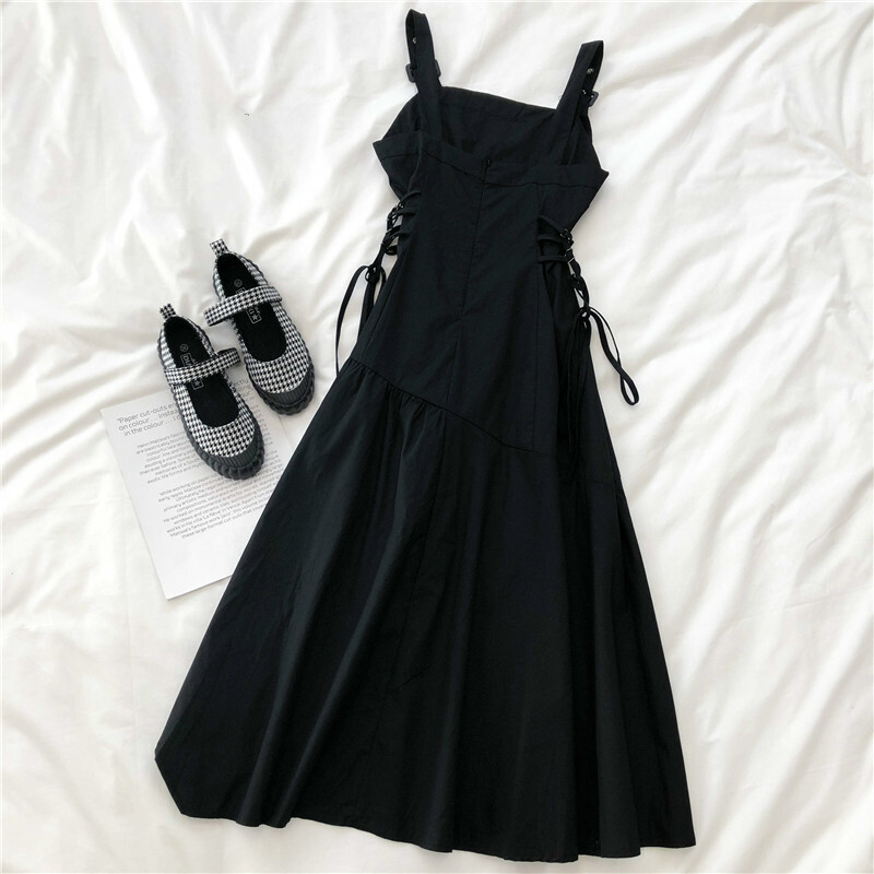 Damen Gothic Asymmetrisches Midi Kleid Ärmellos Breiter Träger Schlitz Sexy Slim