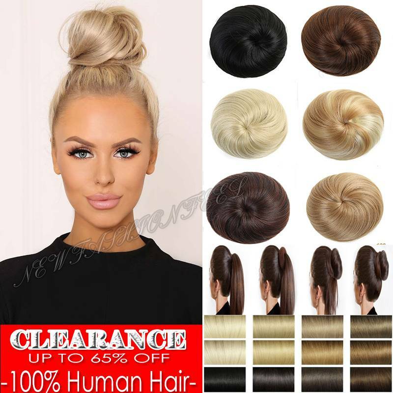 Real 100% Remy Human Hair Scrunchie Ponytail Bun Elastic Band Straight Messy US